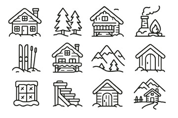 Fototapeta premium Mountain icons ski wooden snow frosted snowy equipment roof icon vector lodge