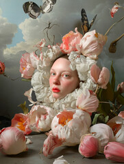 An elegant, stylish, and expensive fashion portrait in the style of glossy magazines, where the model emerges from a bouquet of flowers 
