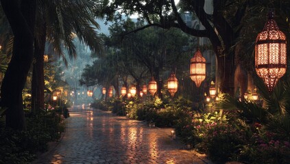 A rain-slicked pathway lined with ornate lanterns under lush tropical trees at dusk