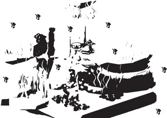 Still life arrangement of abstract black shapes and objects on a