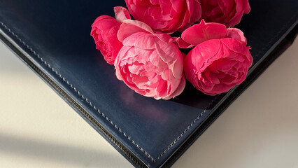 Calm background featuring an elegant dark blue leather notebook and pink roses on a white surface. Symbol of reflection, emotional balance, and self-awareness in modern mindfulness aesthetics.