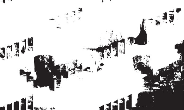 Abstract black and white graphic pattern with geometric shapes and textured elements