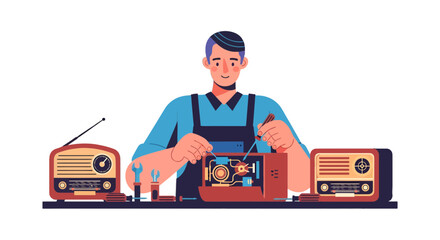 A Skilled Technician Repairing Vintage Radios, Restoring Technological Artifacts and Radios