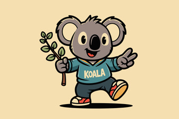 Cute Cartoon Koala Holding Eucalyptus Branch and Making Peace Si