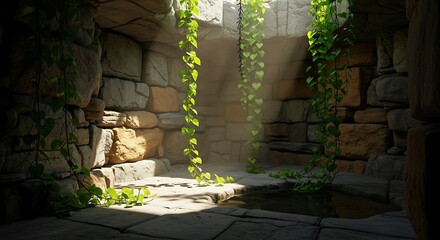 Sunlit stone sanctuary with trailing greenery for peace and tranquility