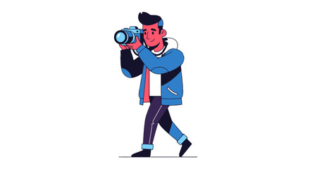 Fototapeta premium A Young Cameraman Taking Photos With The Camera Modern Animated Illustration