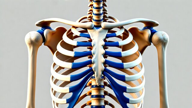 Anatomical human skeleton back view with highlighted intercostal muscles and ribcage for medical education and advertising campaigns on health and wellness