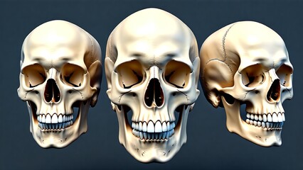 Detailed human skull anatomy from multiple angles, showcasing the skeletal system. A scientific 3D illustration of bone structure for medical and educational purposes