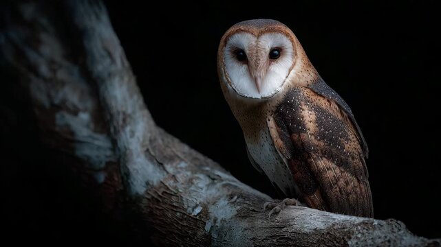 A barn owl perched on a dead tree branch in the dark