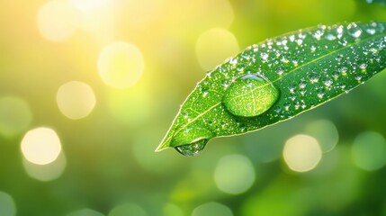 A perfect dewdrop clinging to a vibrant green leaf