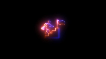 Success icon animation with neon shine on black background. Animation of victory, success, goal achiever.person climbing stairs with a glowing neon effect, - Powered by Adobe