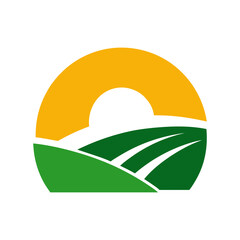 Minimal sunrise over green field silhouette vector clean landscape nature morning scene