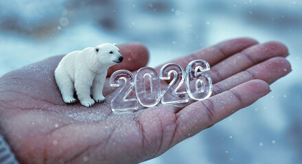Hand holding white polar bear figurine with ice numbers 2026 in snowy background. White polar bear symbolizes joy and warmth during cold seasons,