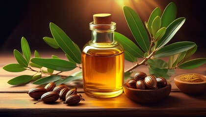 close up of jojoba plant leaves and seeds in a glass jar jojoba oil on a wooden surface nature and beauty concept generative ai