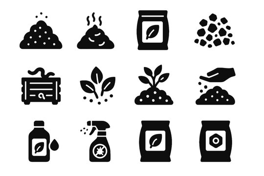Biochar organic vector icon bin phosphate bag manure icons pile fertilizer liquid