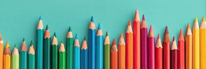Colorful pencils arranged in a wave pattern against a teal background