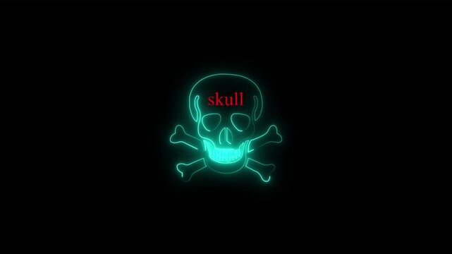 Neon danger icon concept 4k animation video . Warning skull symbol. Death attention, and danger parson icon. emergence and fading. Glowing neon jolly roger sign, looped animation. Pirate skull emoji, 
