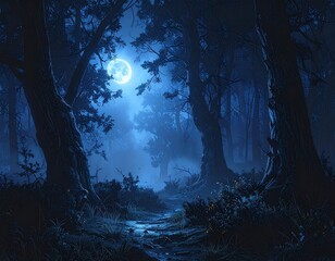 Forêt sombre sous la lune – nature mystique et lumière nocturne