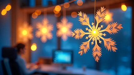 Cozy office setting with hanging Christmas snowflakes and warm bokeh lights in the background. Christmas atmosphere creates a festive feel for end-of-year celebrations in office spaces.