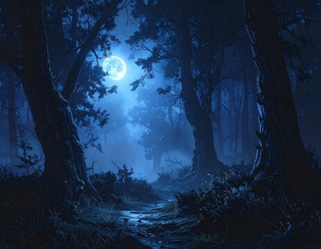 For&ecirc;t sombre sous la lune &ndash; nature mystique et lumi&egrave;re nocturne