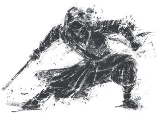 Dynamic black and white abstract painting of a ninja in motion with sword, expressive brush strokes, ink art style, power and mystery concept © Ilya K.
