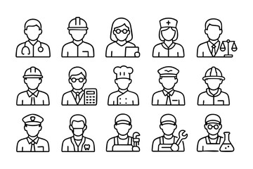 Job Professions and Occupations Line Icons Set Vector - People, Avatars, and Career Symbols