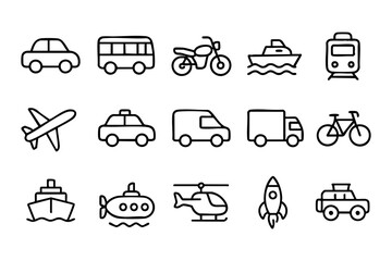 Transportation and Vehicles Line Icons Set Vector - Travel, Logistics, Mode of Transport Symbols