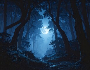 Forêt sombre sous la lune – nature mystique et lumière nocturne