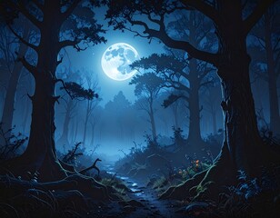 Forêt sombre sous la lune – nature mystique et lumière nocturne