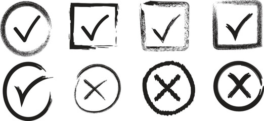 Black Ink Brush Stroke Checkmarks and Crosses in Circles and Squares