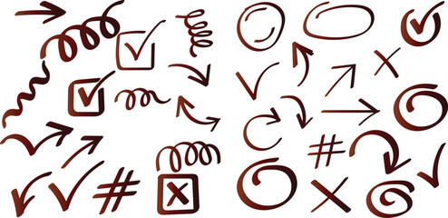 Hand Drawn Brown Arrows Checkmarks Circles Hashtags and Squiggles.