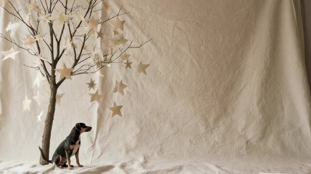 Cozy Indoor Decor with Hanging Paper Stars and Small Dog