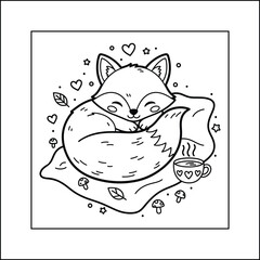 Bold and easy cute fox sleeping on a cozy pillow coloring page for kids and adults. cozy animal coloring pages 