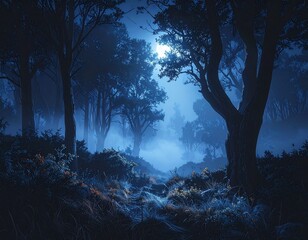 Forêt sombre sous la lune – nature mystique et lumière nocturne