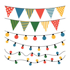 Obraz premium A vibrant 4th of July Independence Day background features a colorful vector pattern of flag bunting decoration with a decorative ribbon border illustration