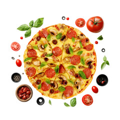 Mouthwatering Pizza with Pepperoni, Corn, and Vegetables | High Quality PNG Food Image for Café Menu, Poster, or Social Media Marketing Campaigns