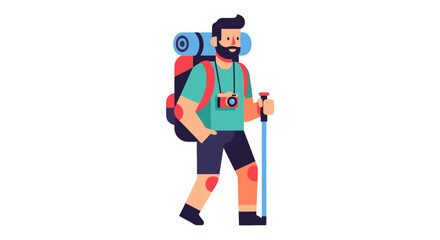 Adventurous Hiker Walking With Backpack and Camera Against Black Background