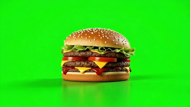 Juicy double cheeseburger spinning on vibrant green for delicious food advertising