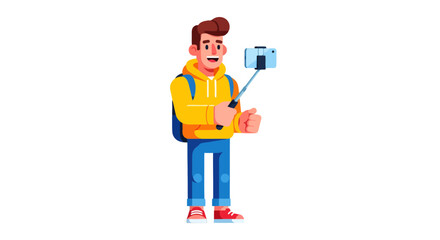Animated Male Digitally Recording Travel Video Holding Smartphone on a Stick Online