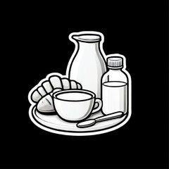 Minimalist flat graphic of coffee, croissant, and milk bottles on a plate, clean white silhouette on a dark black background, representing breakfast and cafe food.