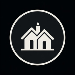 Minimalist flat icon of two houses with a smoking chimney candle, clean white on a dark black circle, representing cozy home and holiday concept.