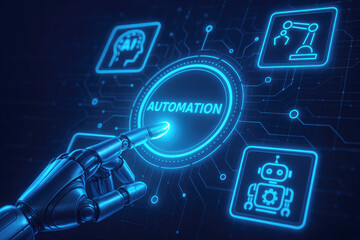 Obraz premium Blue robotic hand touching glowing automation button with AI and robot icons artificial intelligence