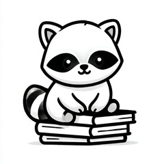 Cute 3D rendered cartoon raccoon happily reading a stack of books, monochrome and simple, representing children's education and literacy.