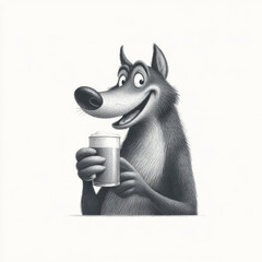 Vintage style cartoon wolf character happily holding a frothy beer mug, cheerful and engraved, against a white sketch background.