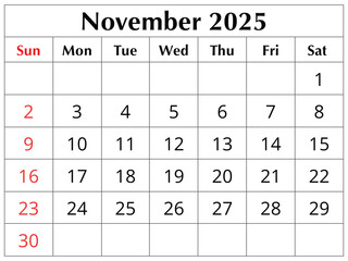 Naklejka na ściany i meble November 2025 ENGLISH month calendar. png transparent illustration Naklejka na ściany i meble November 2025 ENGLISH month calendar. png transparent illustration