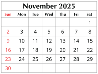 Fototapete Rund Musik November 2025 ENGLISH month calendar. png transparent illustration  © Alex