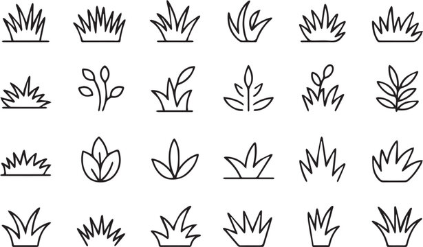 Thin Line Grass and Botanical Leaf Vector Icons. Simple Eco Doodle Design Elements