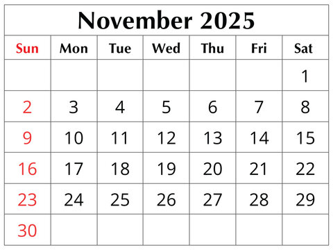 November 2025 ENGLISH month calendar. png transparent illustration
