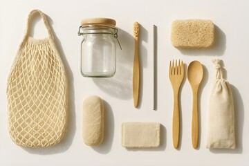 Zero waste eco lifestyle items arranged neatly on white background

