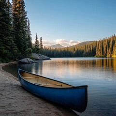 Fototapeta premium Serene blue canoe resting on sandy shore of a calm lake surrounded by evergreen forest and distant mountains